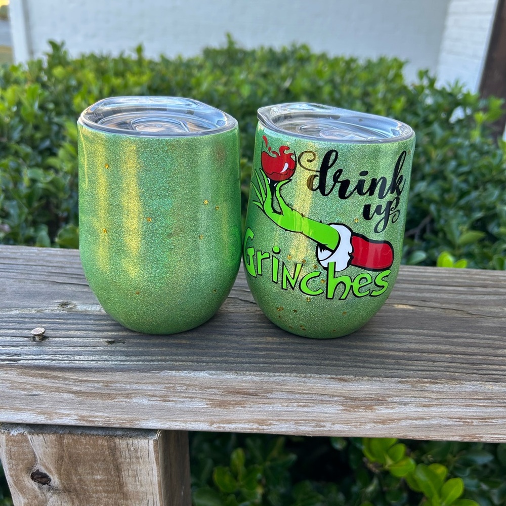 S/2 original handmade Christmas Drink up Grinches 14 oz stemless wine tumblers